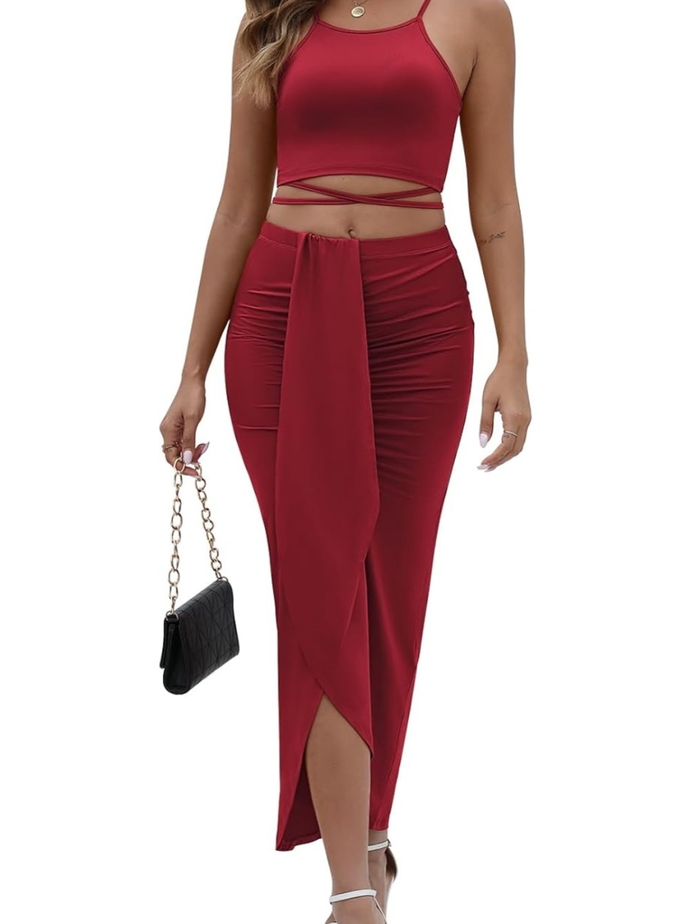 2 Piece Sexy Red High-Waist Wrap Maxi Skirt for Women Size Large